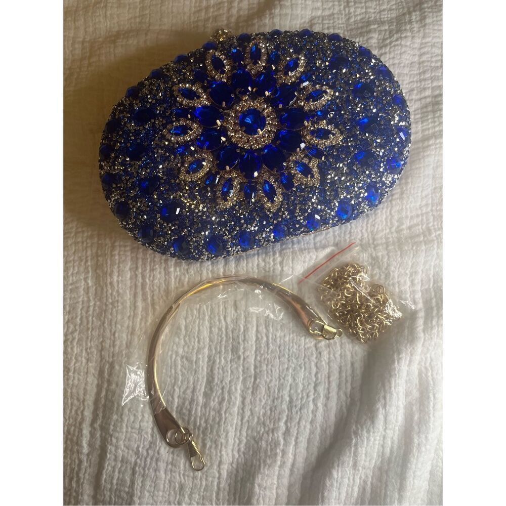 Ramla handmade Sparkling Blue Simulate Diamond Womens Clutch Handbag with strap - Picture 10 of 11
